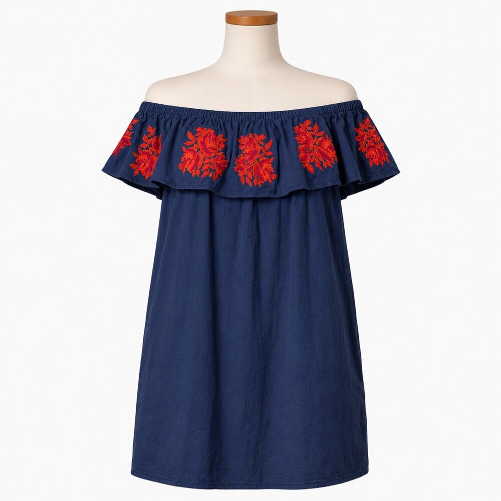 Umgee Navy Embroidered Off Shoulder Dress Women’s Large Ruffle Pockets